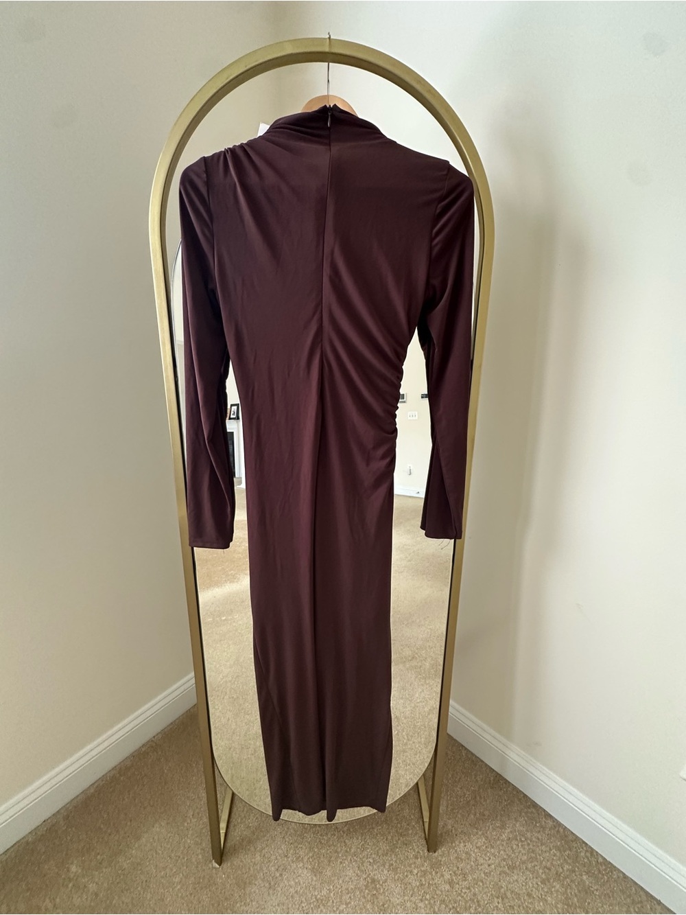 Zara Elegant Long-Sleeve Ruched Maxi Dress - Dark Brown - Picture 8 of 9